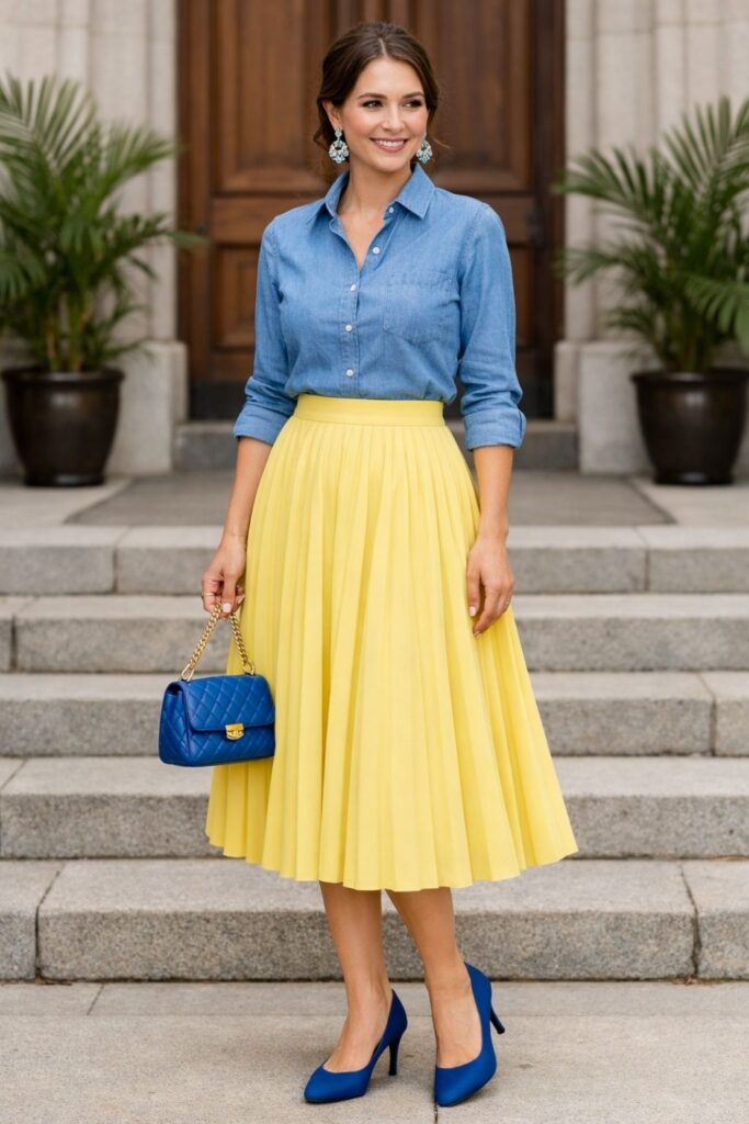 Chambray Button-Down With Lemon Pleated Midi Skirt