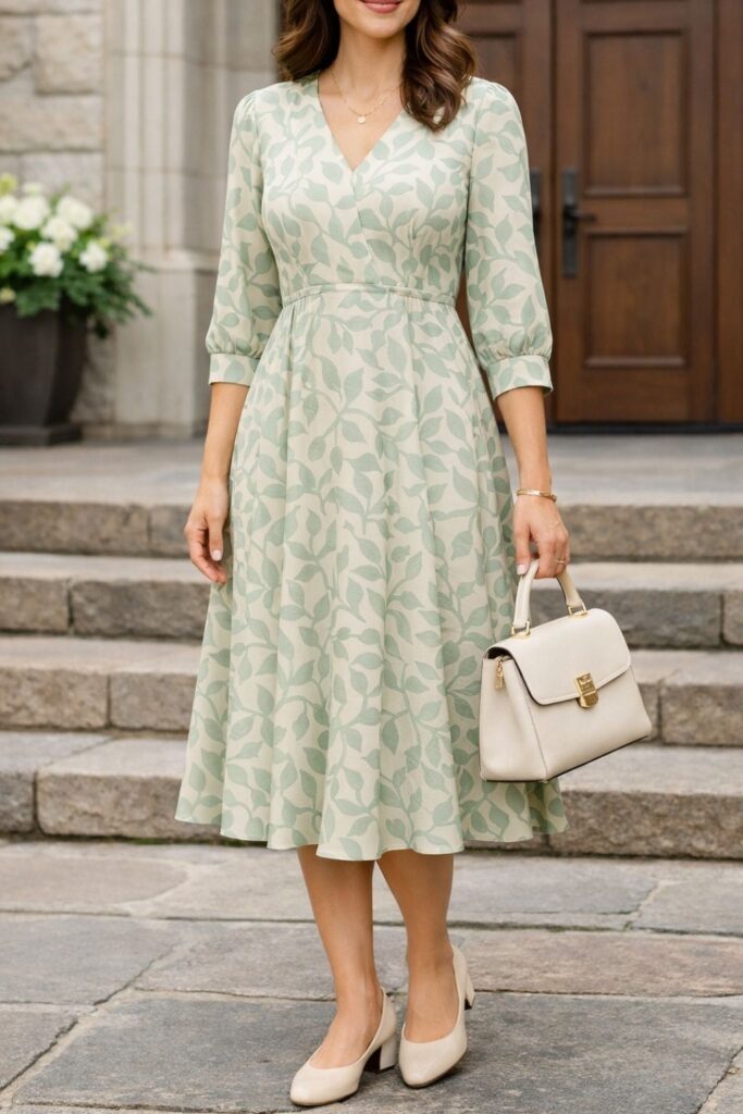 Midi Dress With Subtle Leaf Print