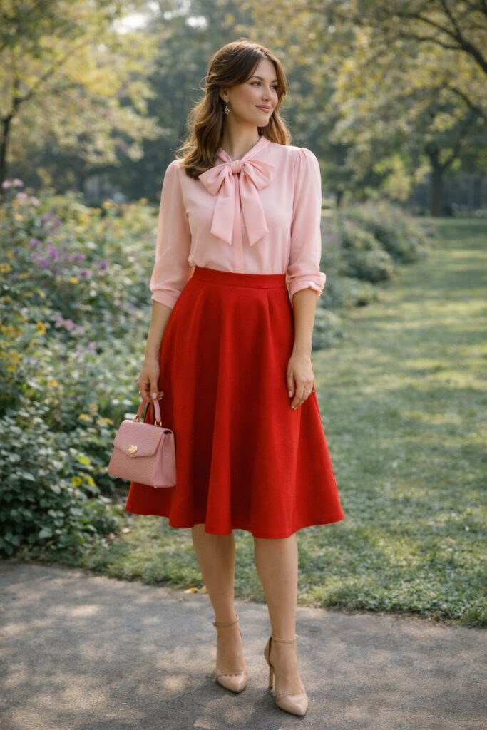 Pink Bow Blouse with Red Flared Skirt