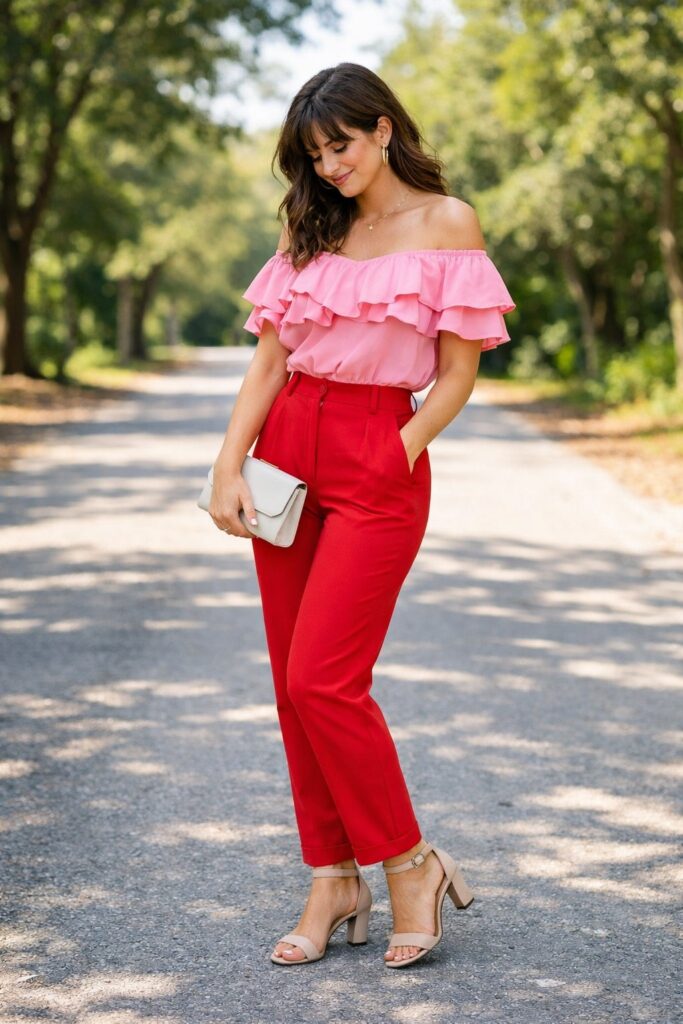 Pink Ruffled Top with Red High-Waisted Pants