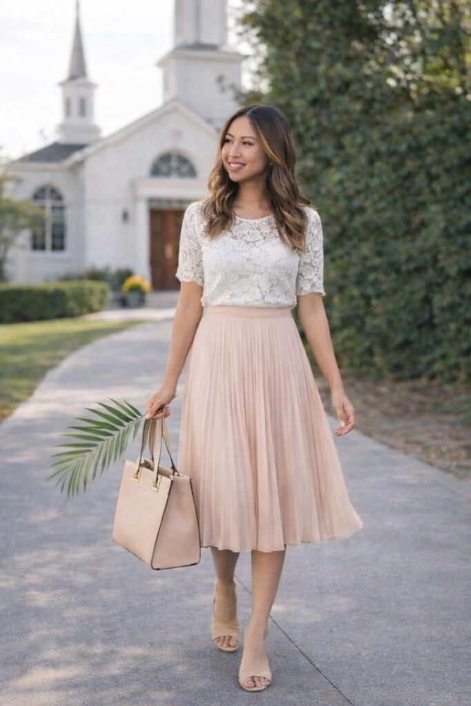 Pleated Midi Skirt With Lace Top