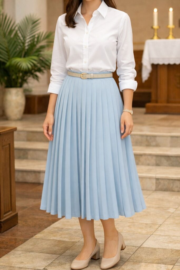 Pleated Midi Skirt With White Button-Down