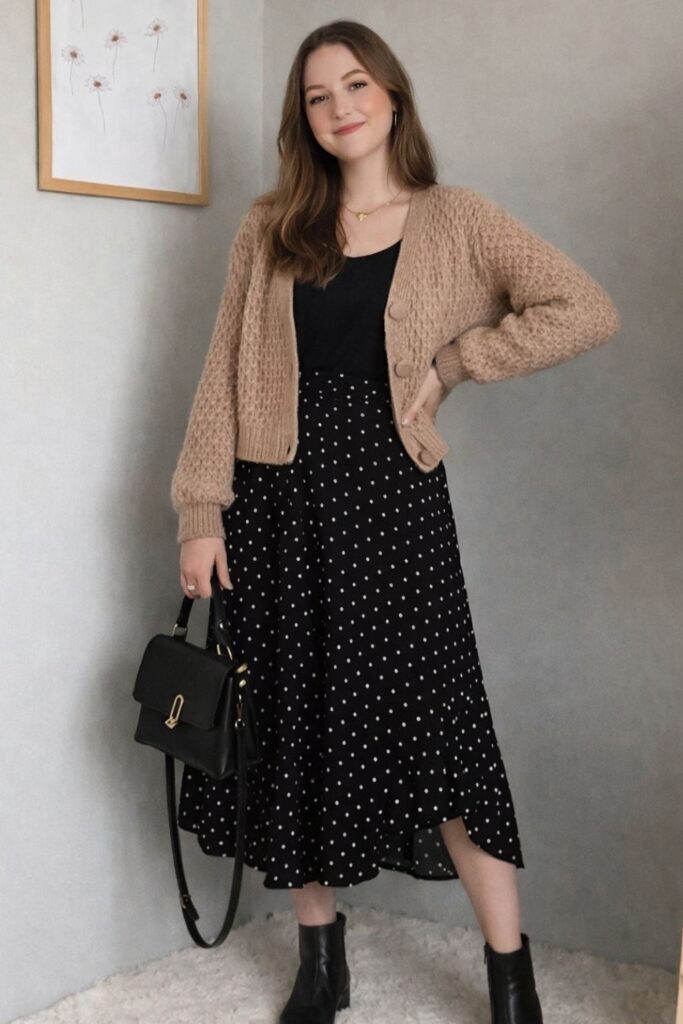 Polka Dot Midi Skirt With Cozy Cardigan 