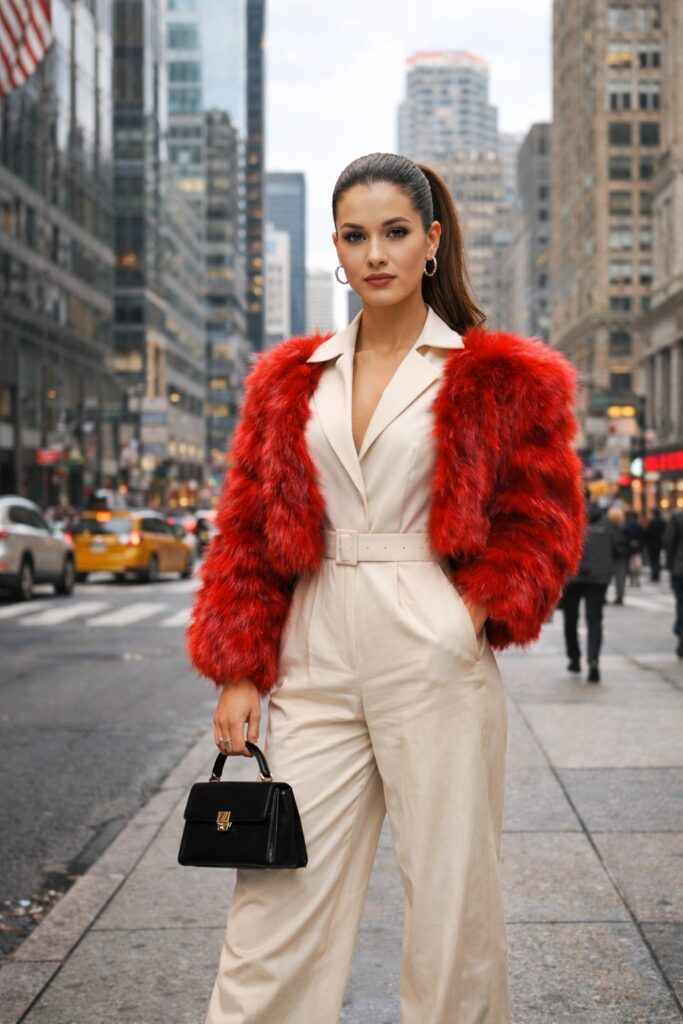 Red Faux Fur Jacket with a Neutral Jumpsuit
