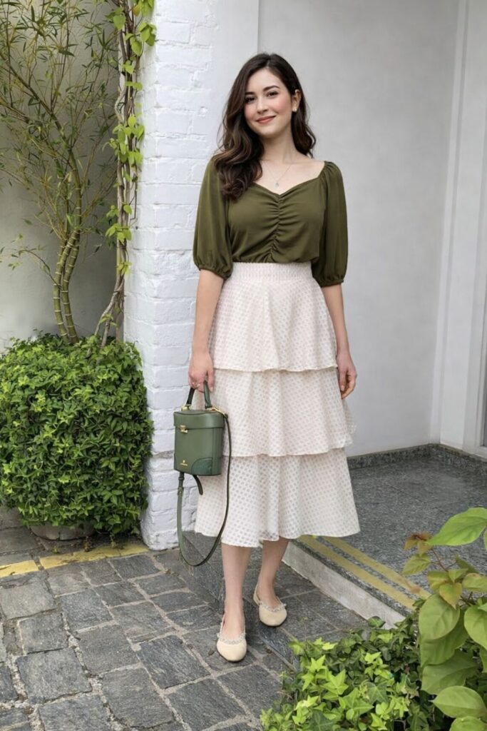 Soft Tiered Midi Skirt With Olive Blouse 