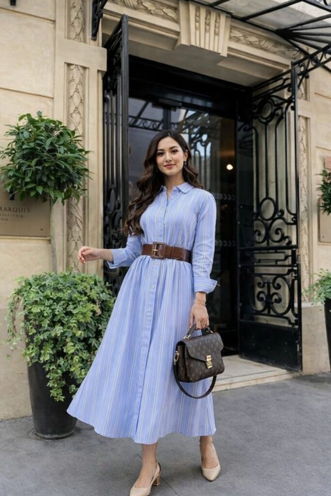 Striped Shirt Dress With Defined Waist  
