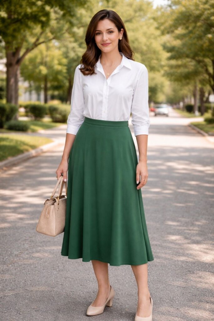 White Shirt With Green Midi Skirt