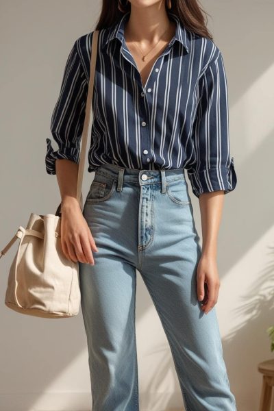 Button-Down Shirt + High-Waisted Jeans