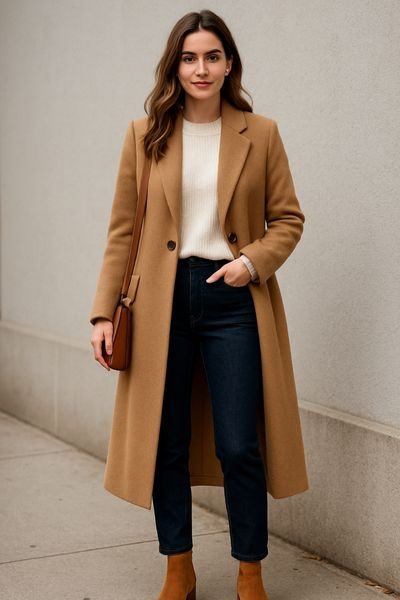 Camel Coat + Cream Sweater + Dark Denim