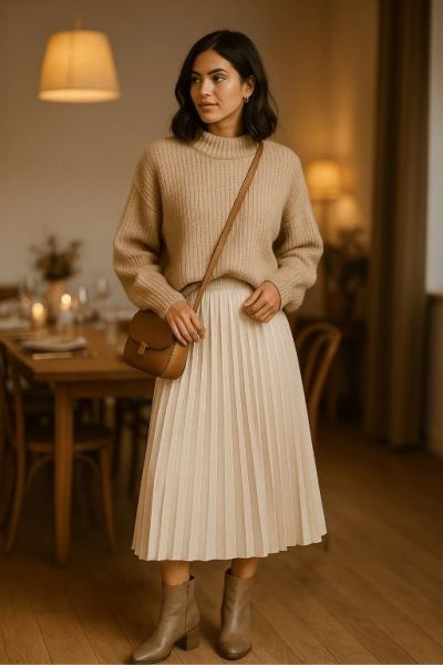Chunky Sweater with Pleated Skirt
