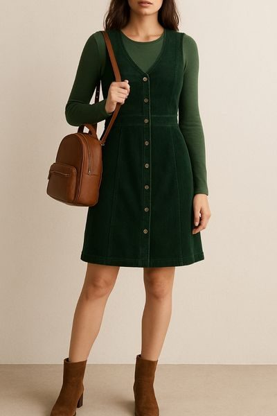 Corduroy Dress + Long-Sleeve Tee+Boots