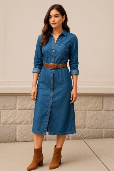 Denim Midi Dress with Ankle Boots