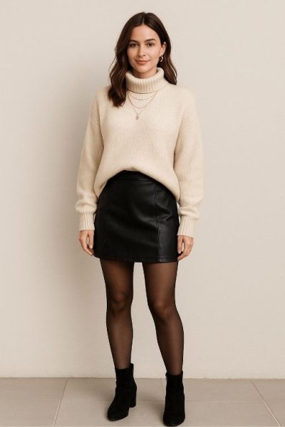 Faux Leather Skirt with Sweater