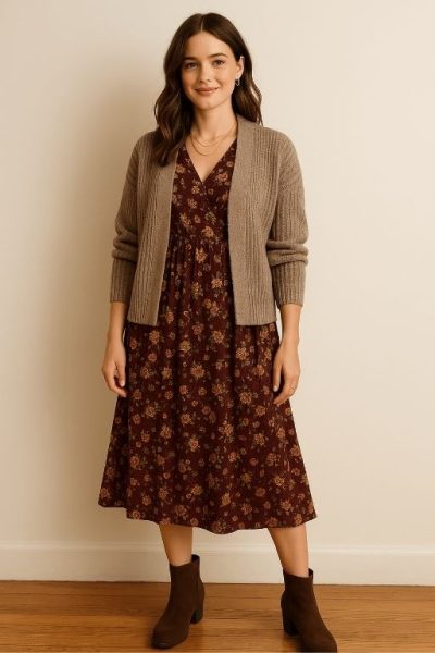 Floral Midi Dress with Cardigan