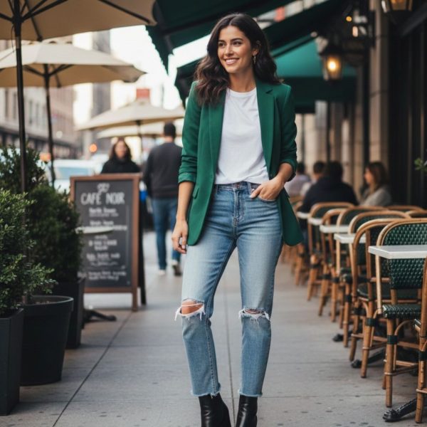 Green Blazer with White Tee & Jeans