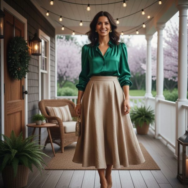 Green Blouse with Beige Skirt