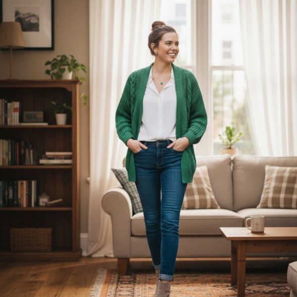 Green Cardigan with White Blouse and Jeans