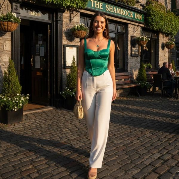 Green Corset Top with Wide-Leg Pants