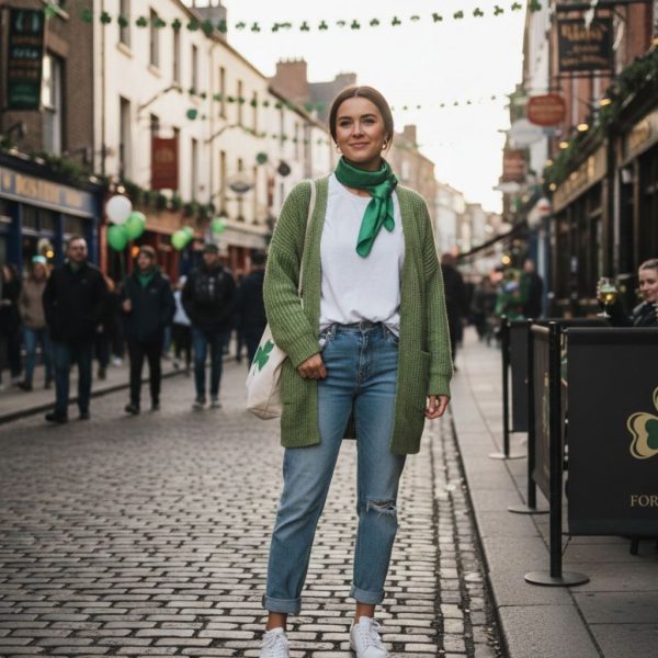 Green Knit Cardigan with White Tee & Jeans