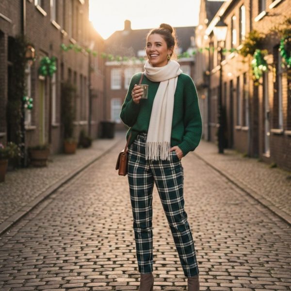 Green Knit Sweater with Plaid Pants
