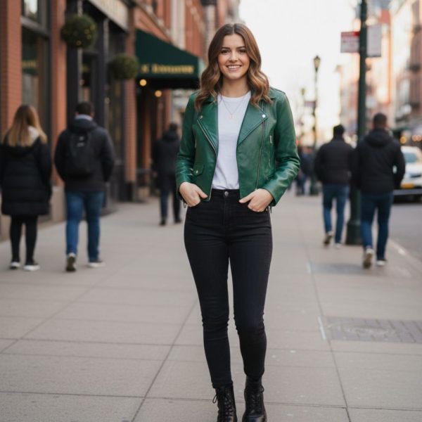 Green Leather Jacket with Skinny Jeans