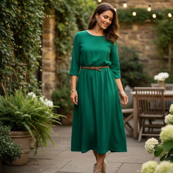 Green Midi Dress with Brown Belt