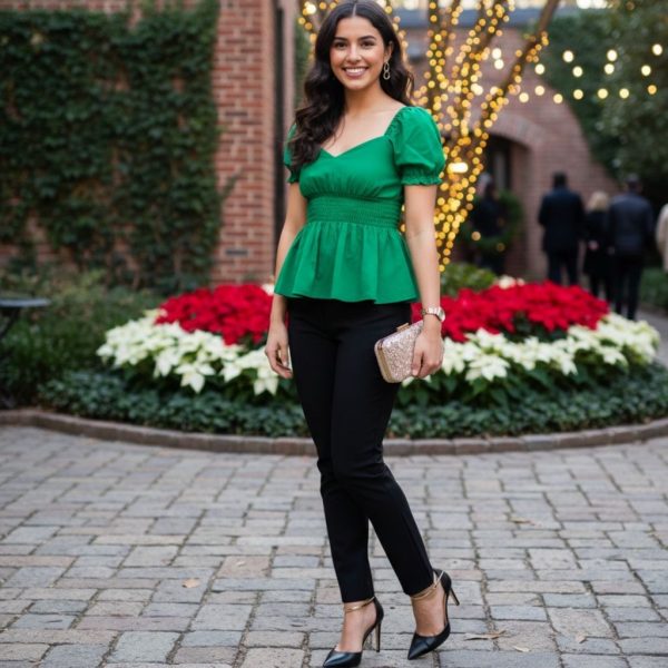 Green Peplum Top with Black Pants