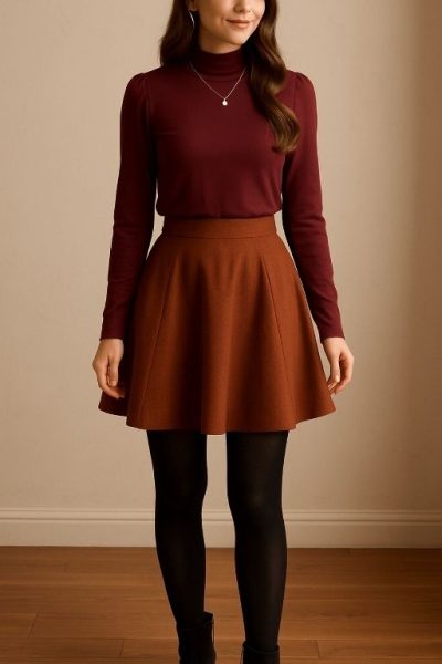 High-Neck Blouse with Skater Skirt