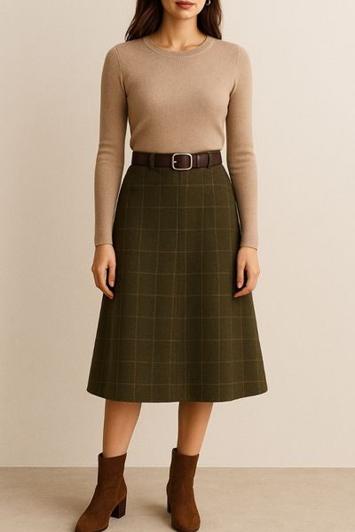 Knit Top + A-Line Midi Skirt + Ankle Boots