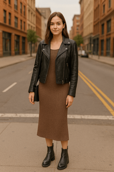 Leather Jacket + Knit Midi Dress