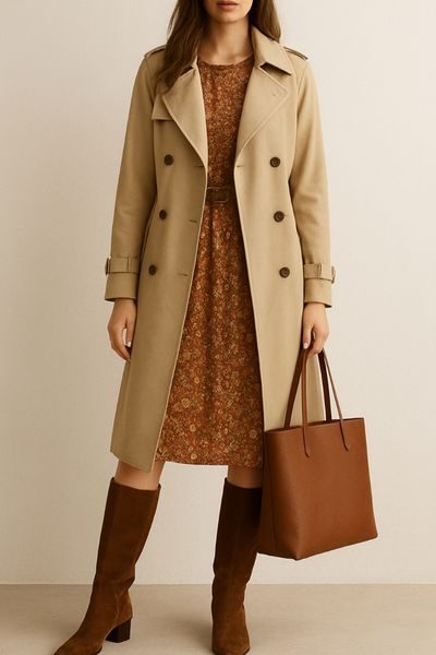 Long Trench Coat + Printed Dress+Tote Bag