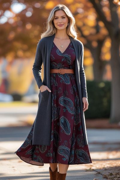 Longline Cardigan + Printed Dress
