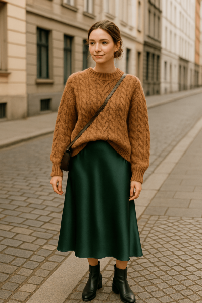 Oversized Knit Sweater + Satin Midi Skirt