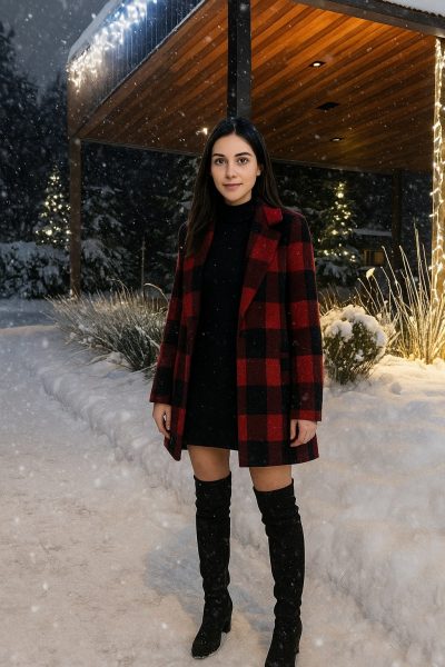 Plaid Coat and Black Dress