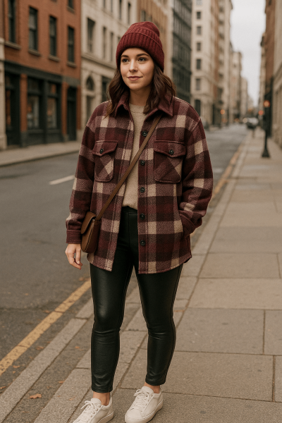 Plaid Shacket in Wine + Black Faux Leather Leggings