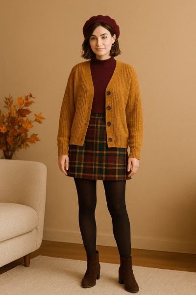Plaid Skirt with Cardigan