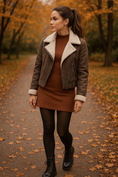 Shearling Jacket + Mini Dress + Tights
