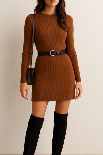 Sweater Dress + Over-the-Knee Boots+Belt