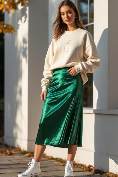 Sweatshirt + Satin Midi Skirt